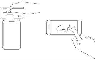 Ilustração de mão assinando em celular enquanto outra csegura celular