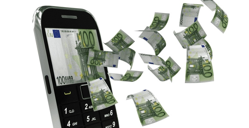 Notas de dinheiro saindo da tela do celular