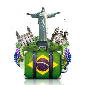 Ilustração de mal com bandeira do Brasil, Cristo Redentor e outros pontos turisticos