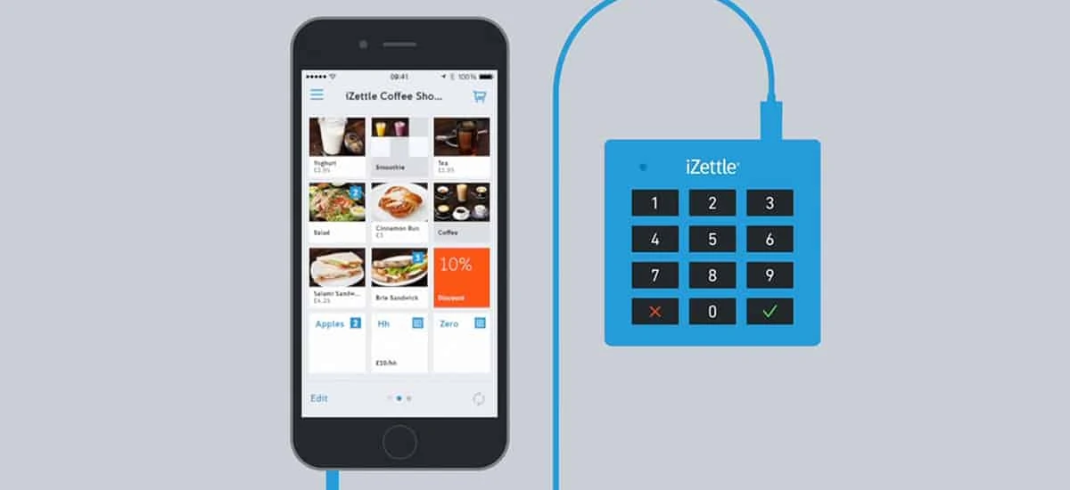 iZettle Lite conectado via cabo com celular que mostra o app