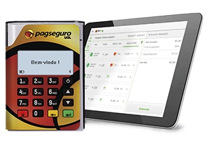 PagSeguro Mobi Pin 10 com tablet mostrando PagSeguro Vendas