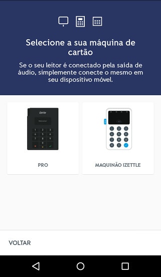 Segunda tela do app mostrando pareamento iZettle com celular