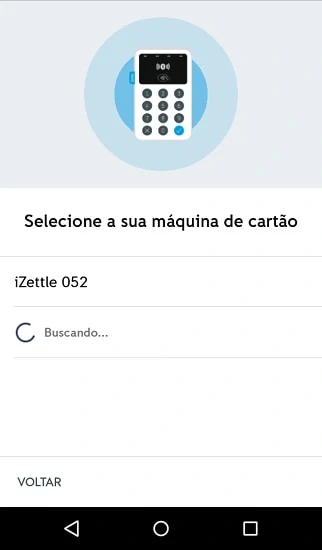 Terceira tela do app mostrando pareamento iZettle com celular