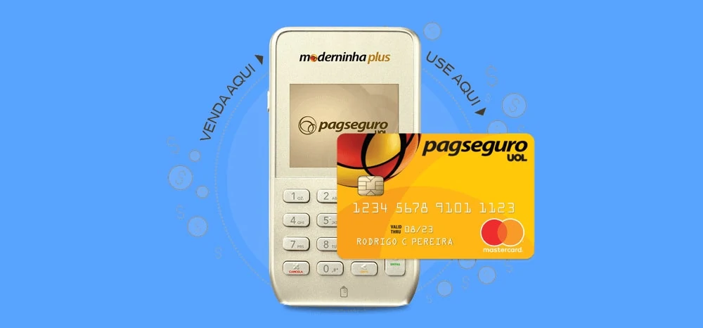 Moderninha Plus e cartão pré-pago em fundo azul