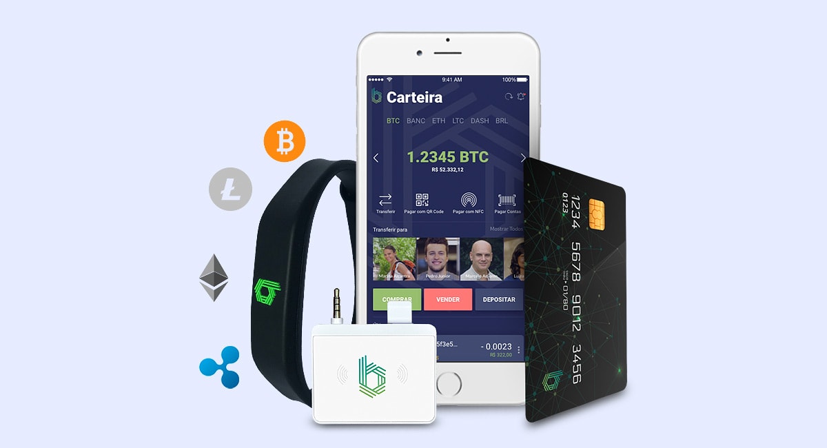 Pulseira, cartão, maquininha e celular mostrando app Bancrypt