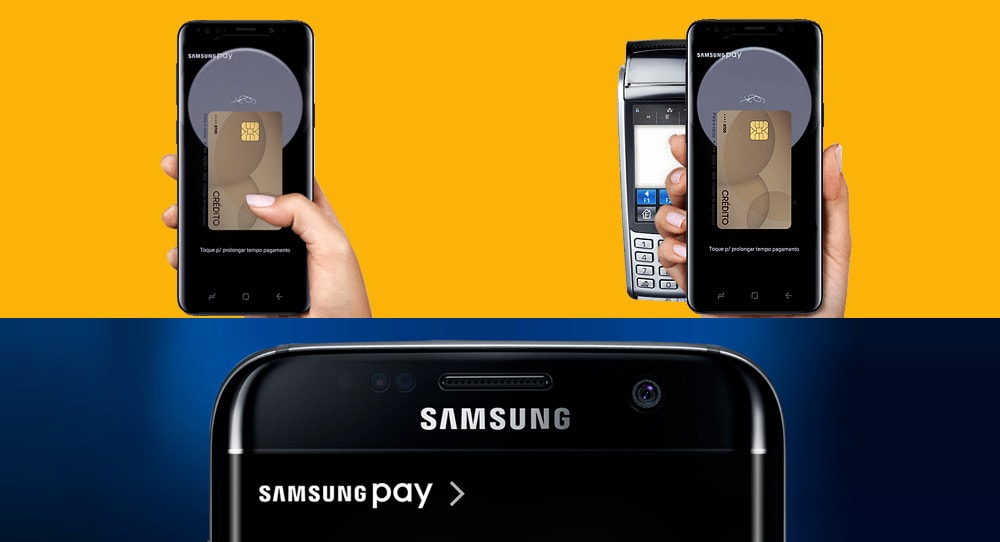 Celular mostrando logomarca Samsung Pay, outro mostrando o app com a máquina de cartão e outro confirmando senha em unco amarelo e azul