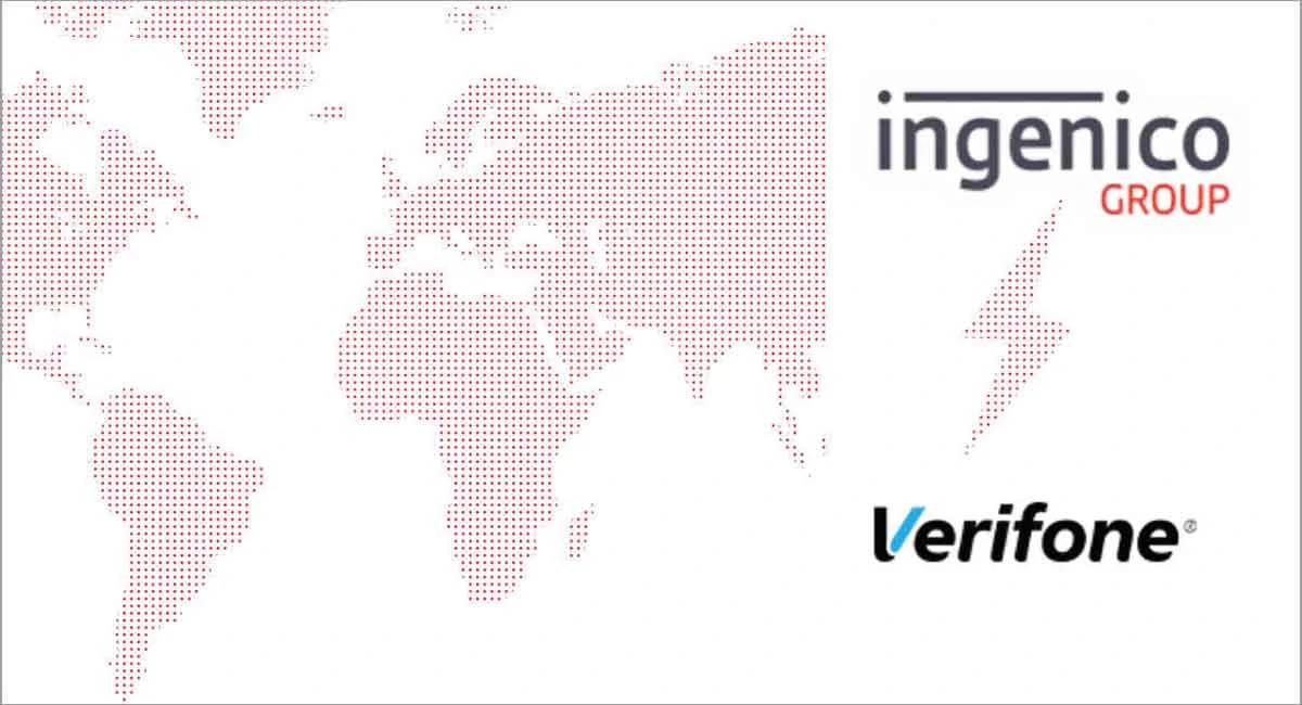 Ilustração do mapa-múndi com os logotipos das empresas Ingenico e Verifone