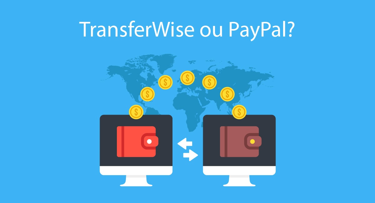 Ilustração mostrando transferência de dinheiro entre carteiras com o título TransferWise ou PayPal