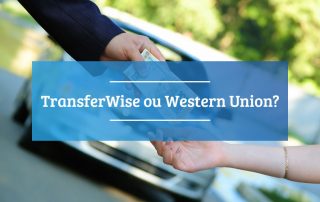 Mão entregando dinheiro para outra mão com carro ao fundo abaixo de texto Trnasferwise ou Western Union