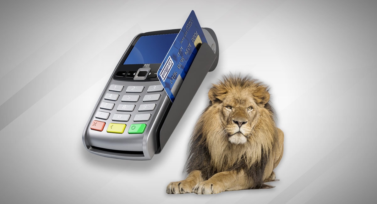 Ilustração de um cartão sendo passado em uma máquina de cartão e um leão ao lado