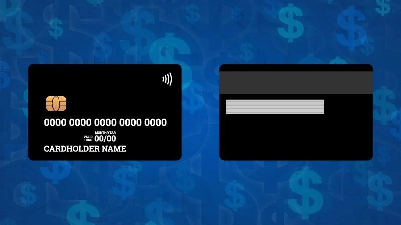 Frente e verso de um cartão com tecnologia chip, tarja magnética e contactless em fundo azul