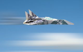 Ilustração de um avião voando feito com uma nota de dólar