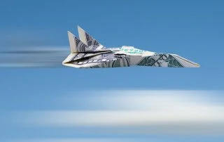 Ilustração de um avião voando feito com uma nota de dólar
