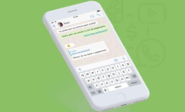 Ilustração com fundo verde de um celular mostrando link de pagamento do PagSeguro por WhatsApp