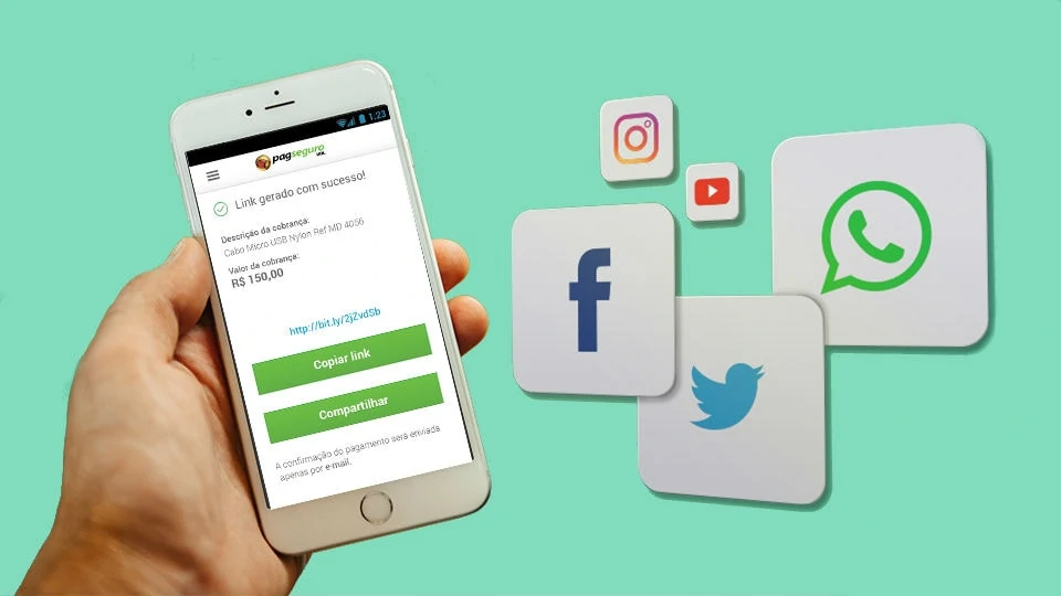 Ilustração mostrando uma mão segurando um smartphone com a tela mostrando criação de link do PagSeguro para pagamento, ao lado do símbolo de diferentes redes sociais