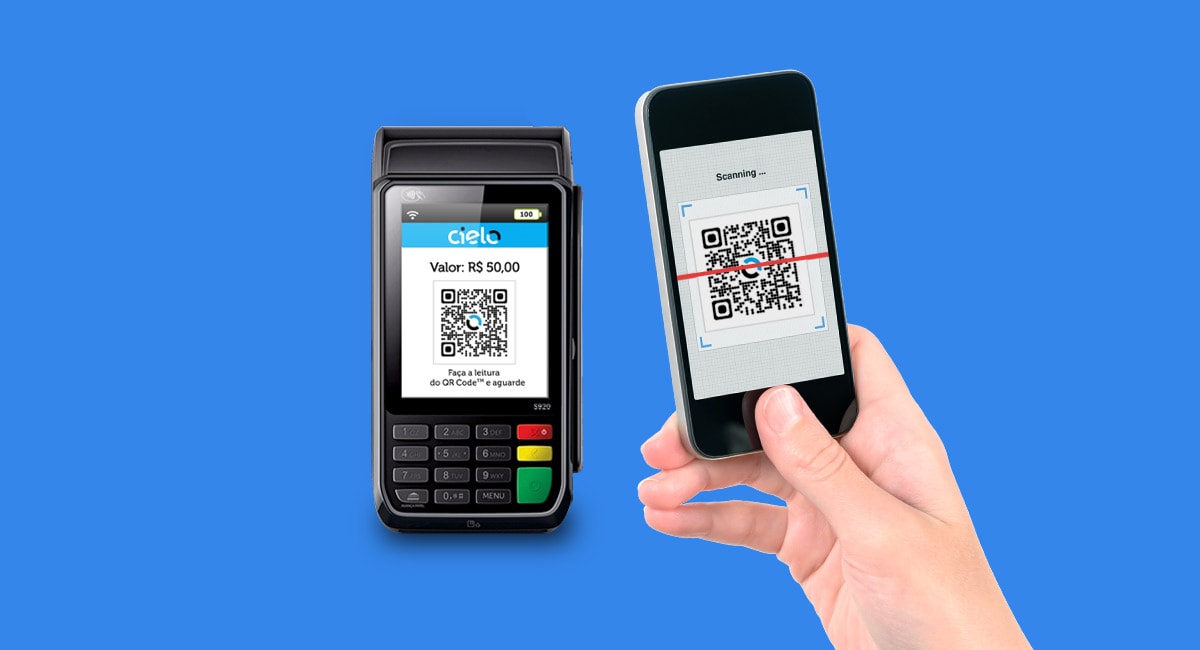 Máquina Cielo Flash aceitando pagamento via QR Code por meio de um celular