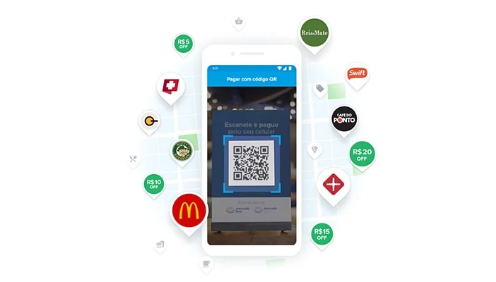 App Mercado Pago com QR Code e logo de parceiros
