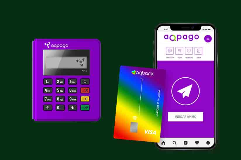 AQPago Mini Pay com celular mostrando o app e cartão pré-pago