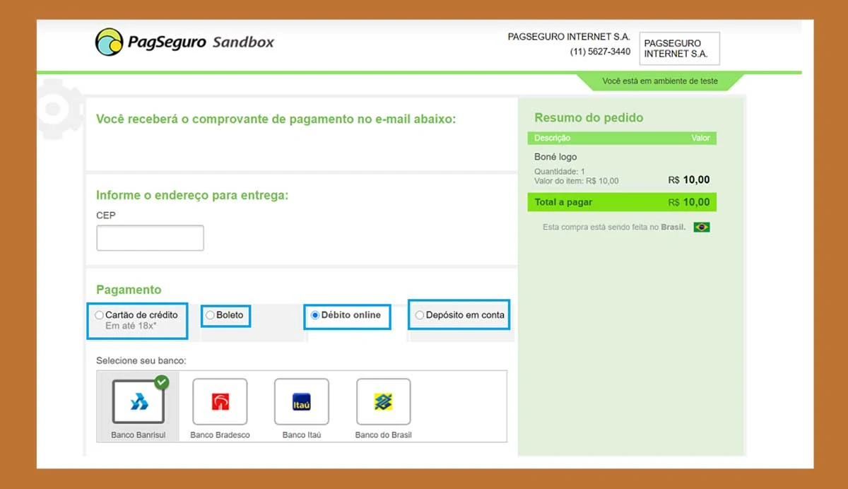 Formas de pagamento do checkout PagSeguro