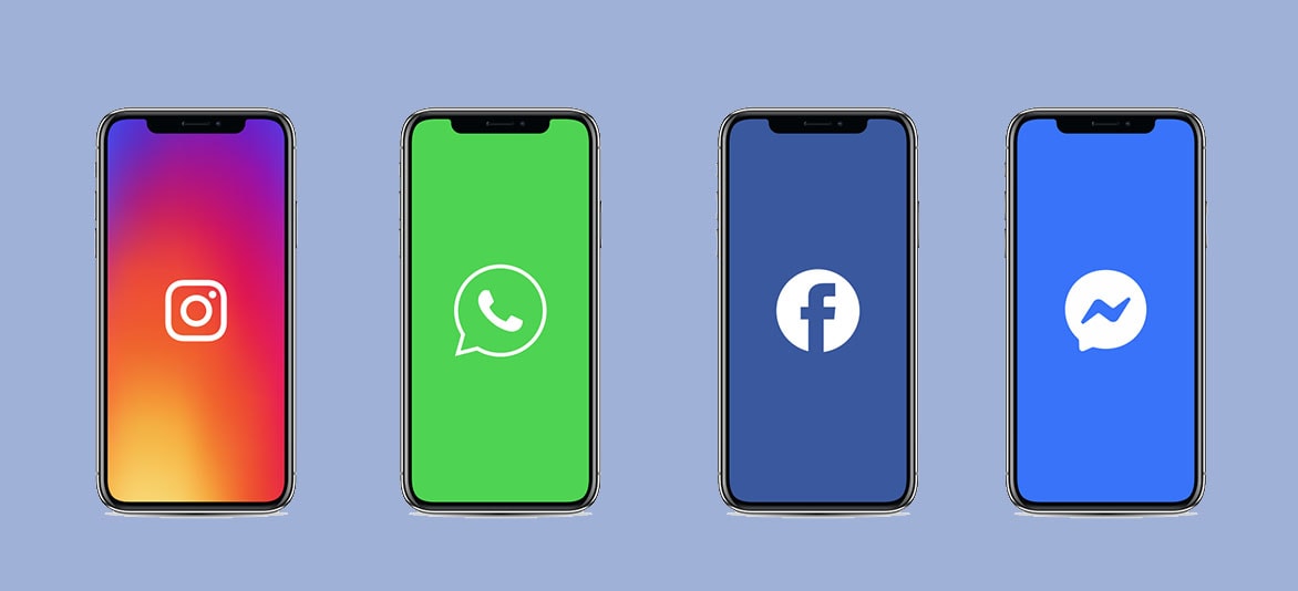 Telas de celular com logos do edes sociais Facebook, Messenger, WhatsApp e Instagram
