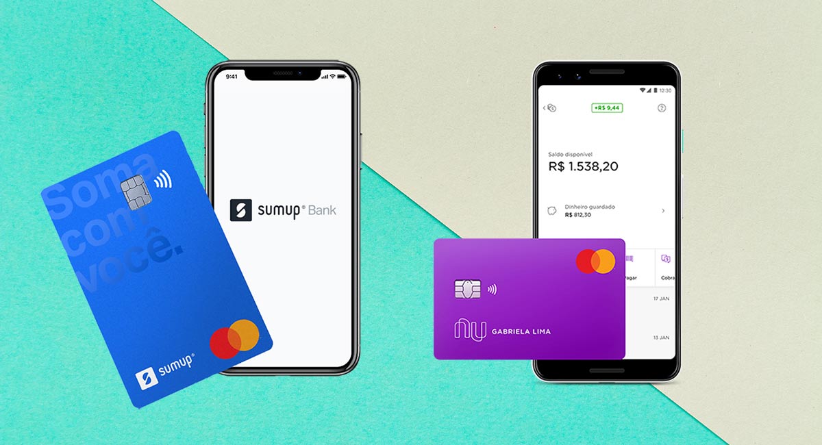 Cartão e Celular com logos SumUp Bank e PagBank