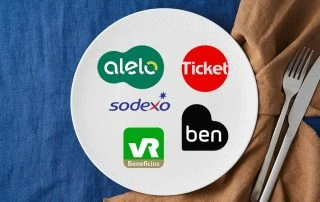 Logos Alelo, Ticket, VR, Sodexo e Ben em um prato