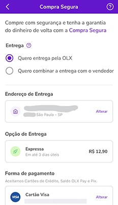 Tela de opções de entrega do OLX Pay