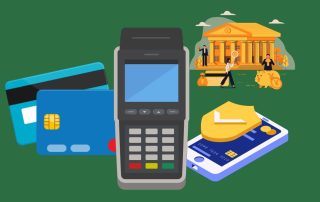 Cartões de crédito, celular com conta digital e banco ao lado de máquina de cartão ilustrando para onde vai saldo das vendas