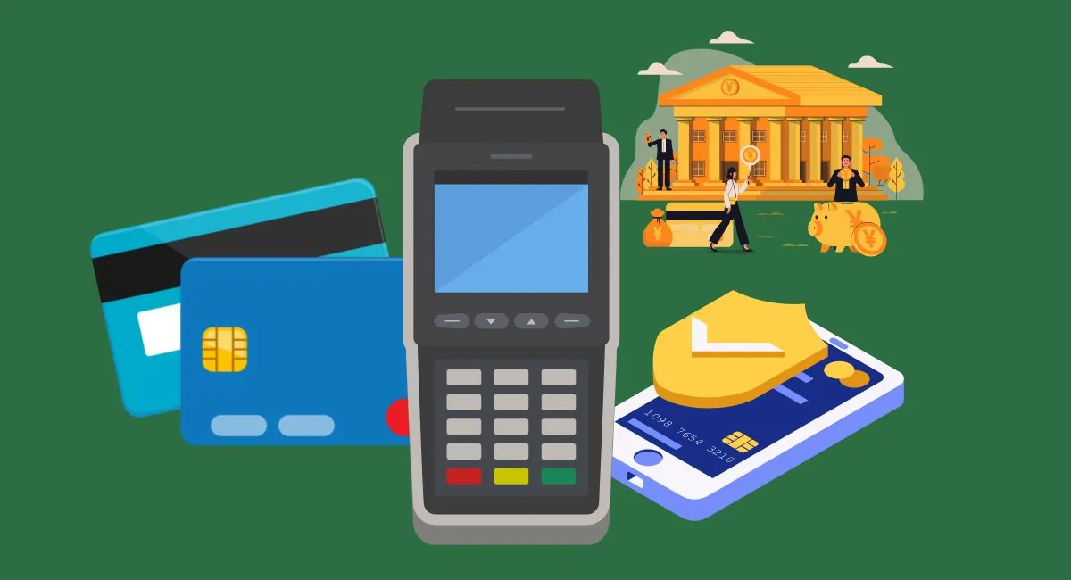 Cartões de crédito, celular com conta digital e banco ao lado de máquina de cartão ilustrando para onde vai saldo das vendas