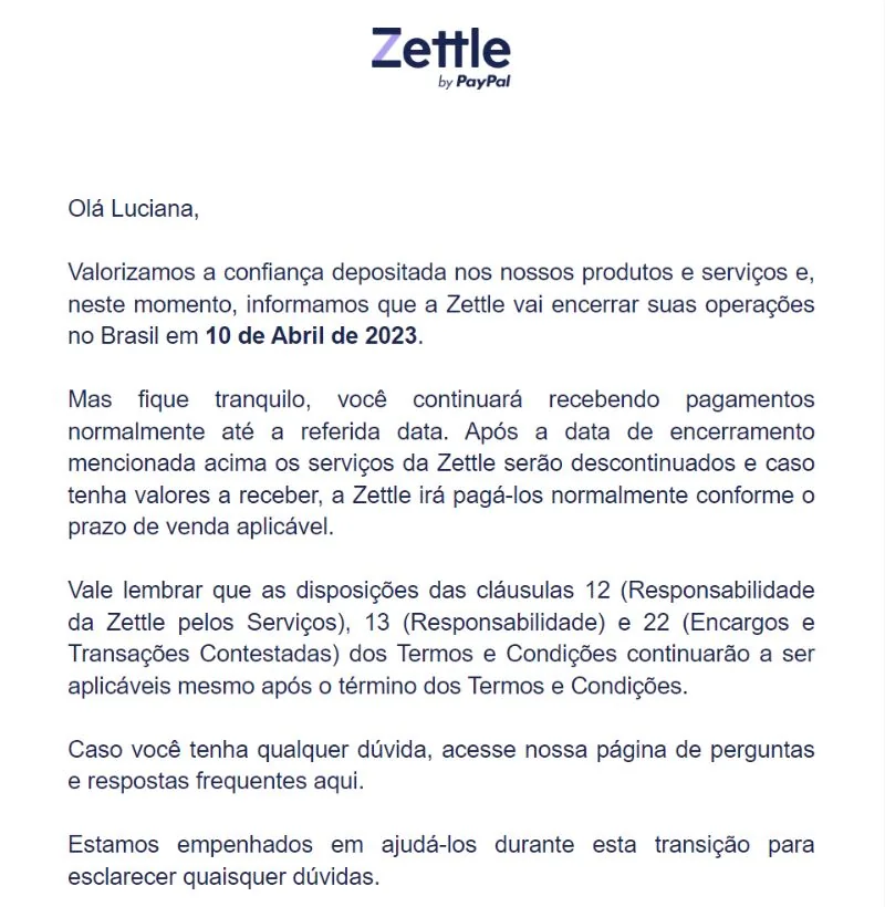 Email Zettle sobre encerramento de atividades