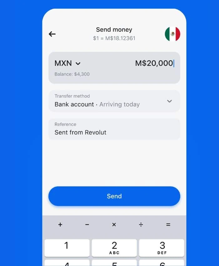 App Revolut na função envio de dinheiro para o exterior