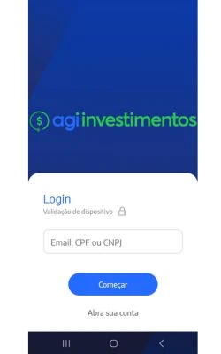 Tela de login do app Agi Investimentos